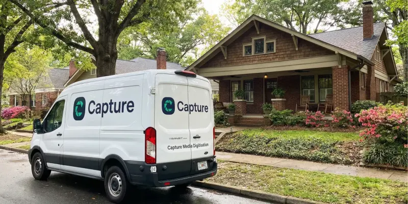 Capture door-to-door pickup van at a home