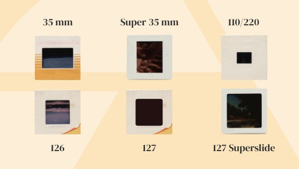 Example of slides: 35 mm, Super 35 mm, 110/220, 126, 127, and 127 Superslide 