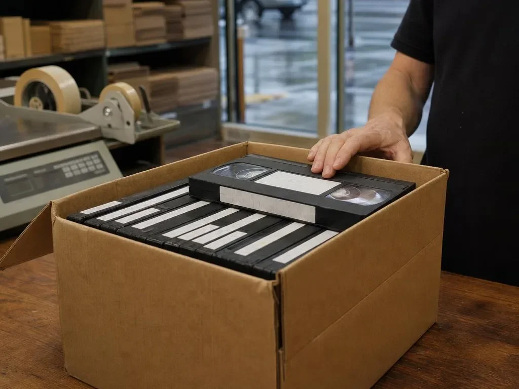 Packed box of VHS tapes on a UPS Store counter in Seattle for VHS to digital transfer