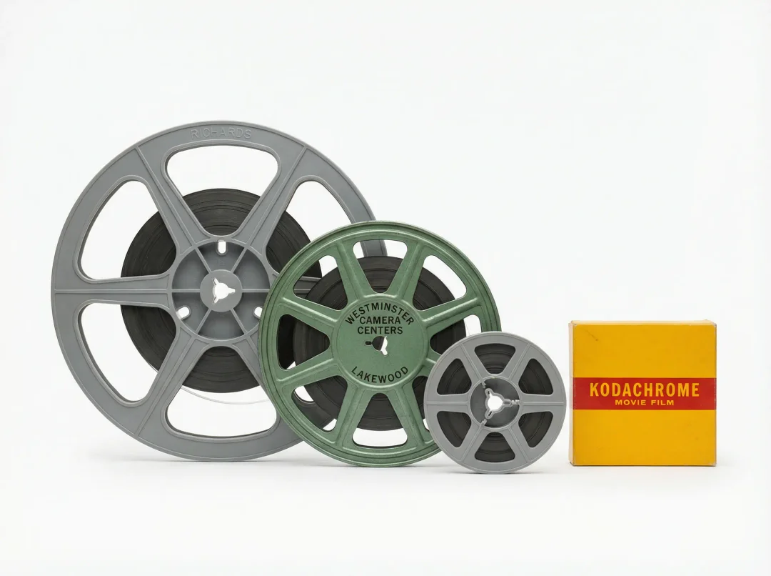 Three 8mm film reels in 3-, 5- and 7-inch sizes on a table, ready for 8mm film to digital in Nashville
