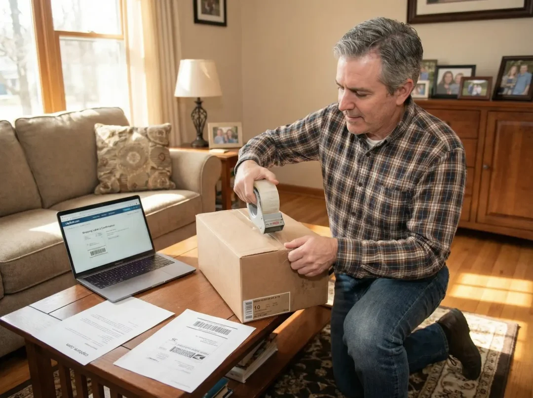 Box of VHS tapes and photo prints packed with a printed Walmart order form