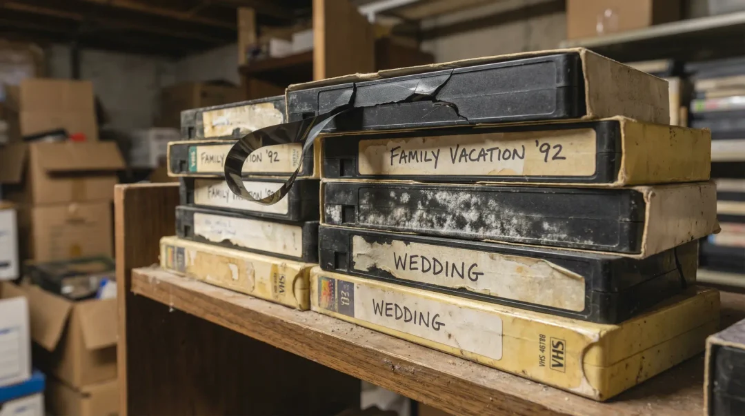 A box of old VHS tapes stored upright on a shelf indoors
