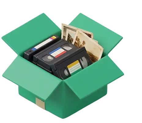 Mixed box of VHS tapes, MiniDV cassettes and photo prints ready to ship