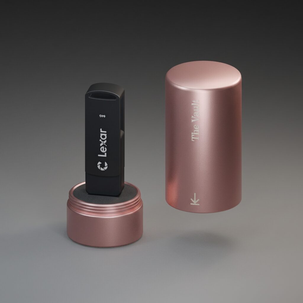 The Vault in Rose Gold: a rose gold aluminum case with its screw-off cover beside it and a USB drive standing in the foam cradle
